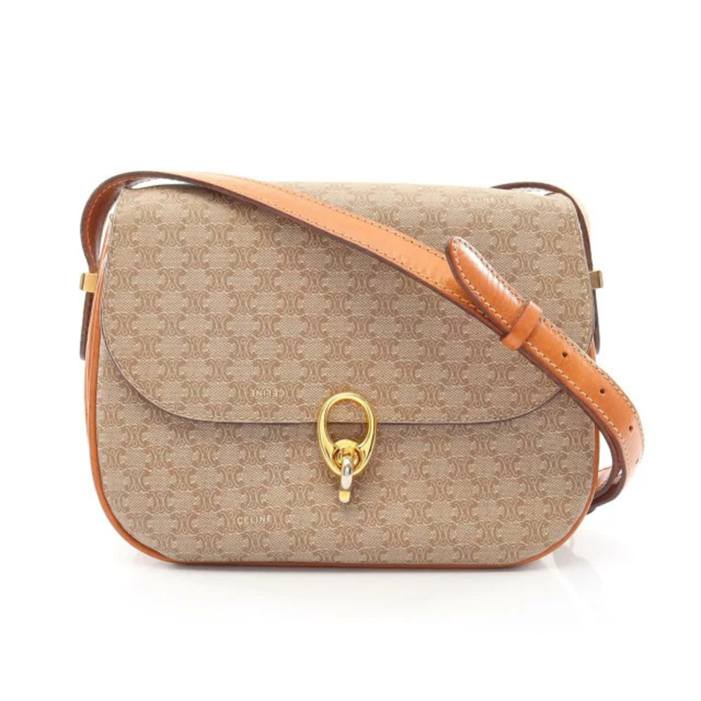 Celine Macadam Shoulder Bag Canvas Leather Beige Cream Brown